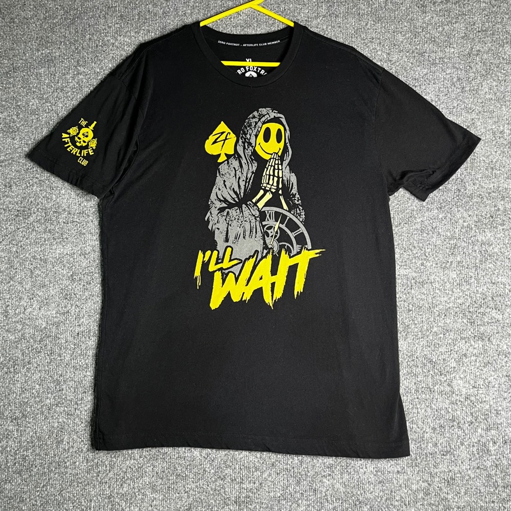Zero Foxtrot Mens XL Afterlife Club I'll Wait Skeleton Smiley Face Black T-Shirt